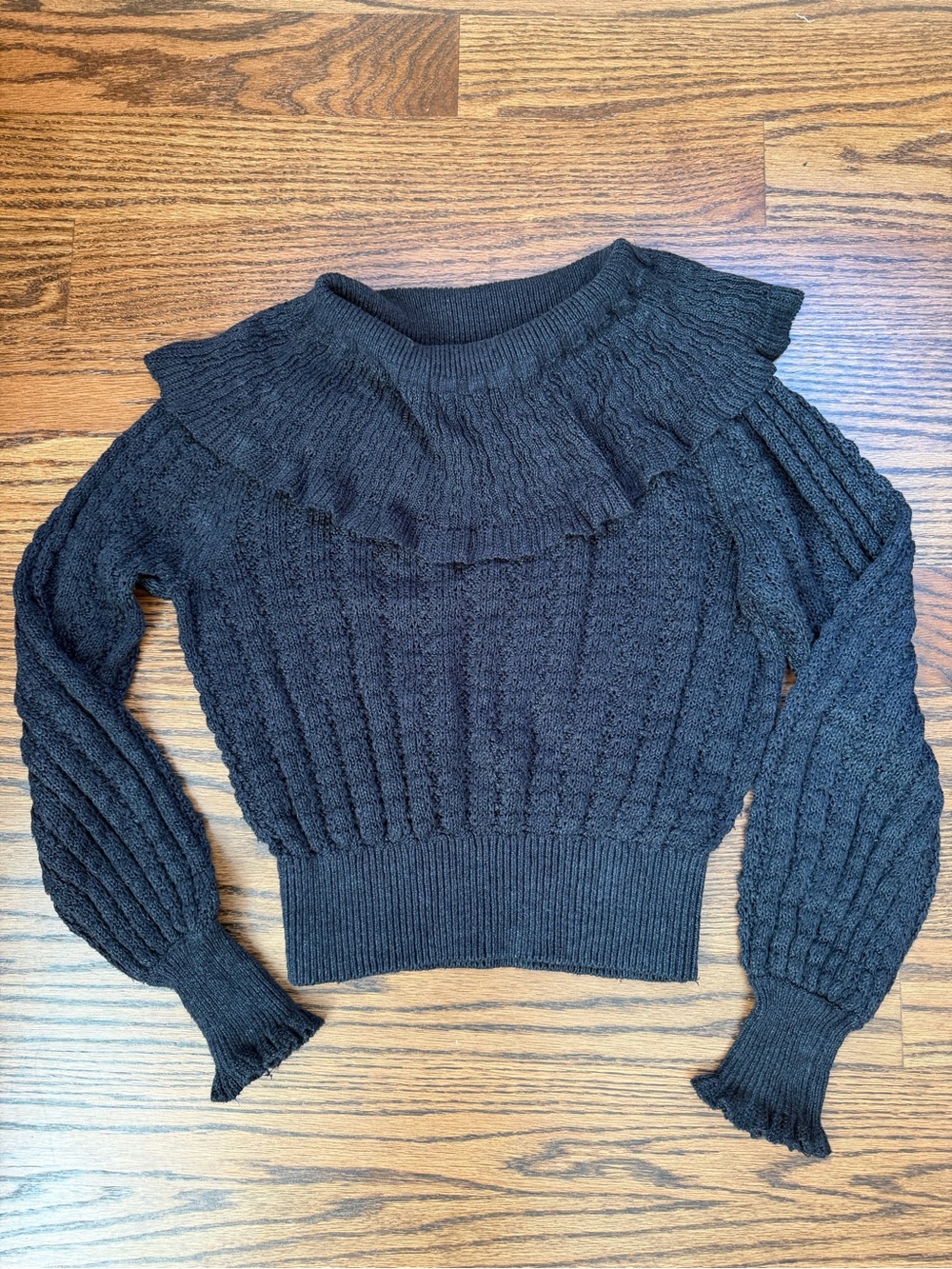 Free People Black Ruffle-Trim Cable Turtleneck Sweater
